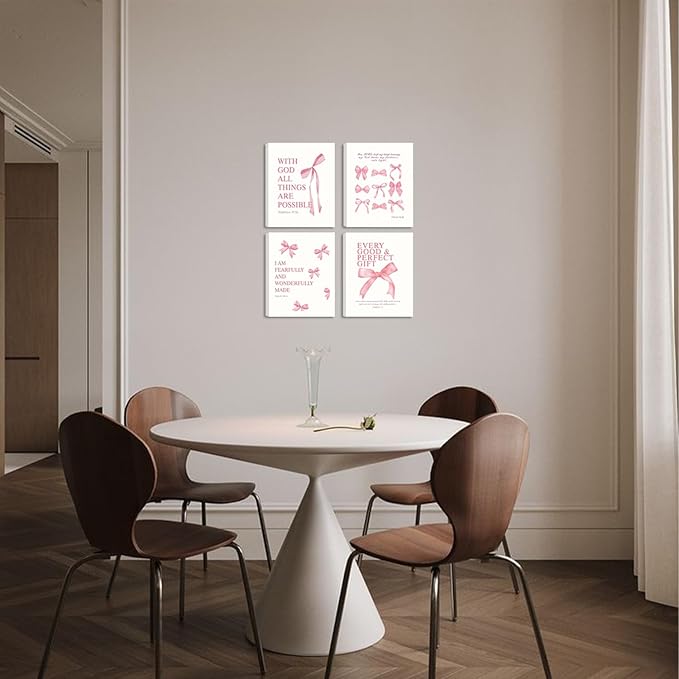 Coquette Pink Bow Y2K Bible Verse Wall Art Set of 4, Christian Scripture Inspirational Canvas Prints, Cute Girly Preppy Aesthetic Religious Wall Decor for Bedroom Nursery Living Room Home 8x10In Framed