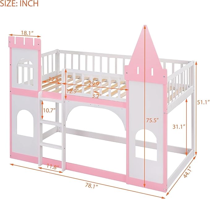 MERITLINE Twin Over Twin Castle Bunk Bed with Ladder,Solid Pine Wood Floor House Princess Bunk Bed Pink