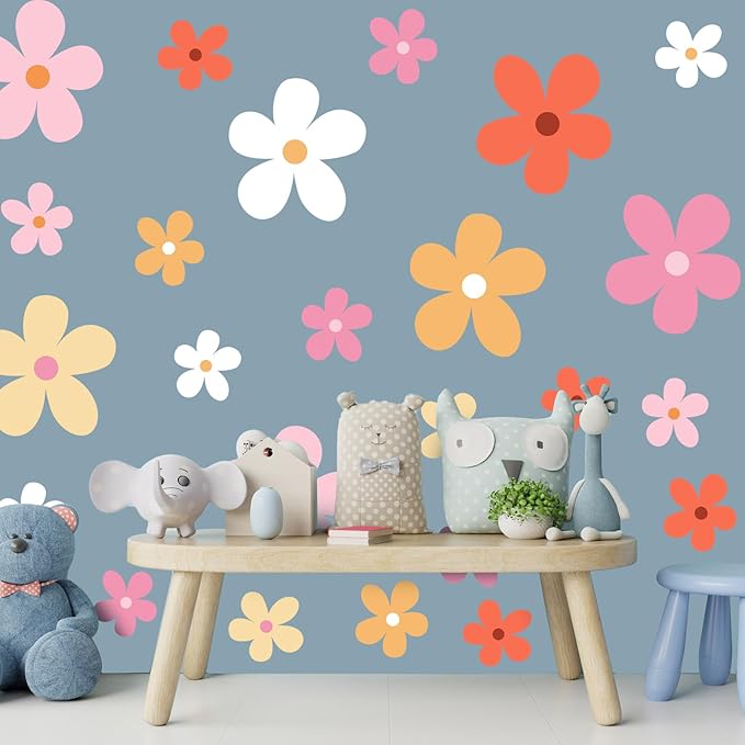 TaoBary 12 Sheets Daisy Wall Decal Flower Wall Sticker Cute Daisy Sticker Pink White Flower Decal Peel and Stick Floral Wallpaper for Nursery Bedroom Home Decor(Bright Color,Elegant Style)
