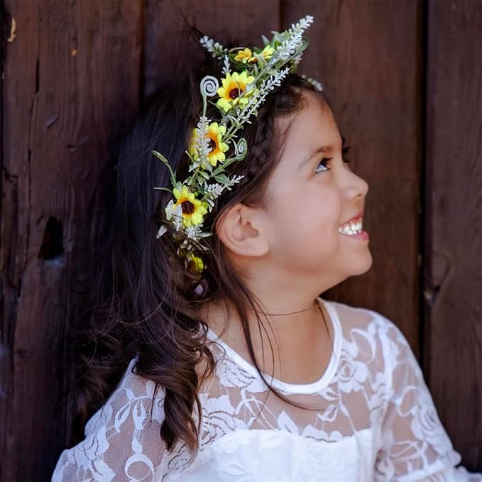 DDazzling Green Leaf Floral Crown Eucalyptus Flower Women Girls Headband Flower Headpiece Bridal Halo Photo Prop (Sunflower Yellow)