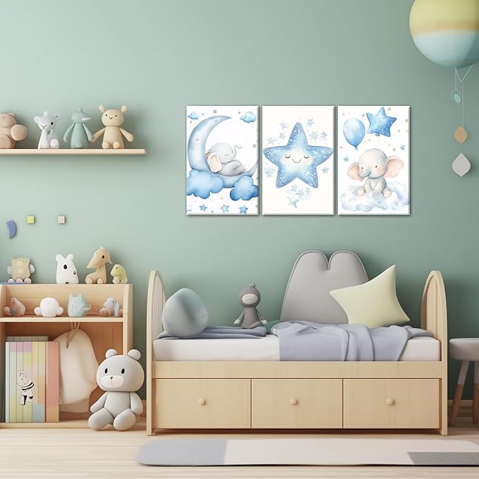 Nursery Wall Art Baby Boy Wall Decor Blue Elephant Moon and Stars Painting Prints Cute Animal Canvas Poster for Kids Room Decor Framed(Baby-2,20L x 28W x 3Pcs)