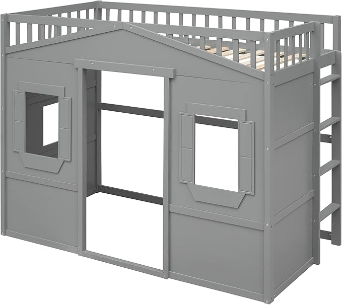Twin Size Loft Bed with Safety Guardrail for Kids Boys Girls, Playhouse Design Solid Wood Loft Bed Frame with Ladder and Windows, Strong Wood Slats Support, Space-Saving (Gray)