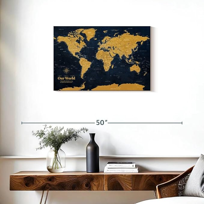 ElephantStock - Personalized Push Pin World Map - Gold Wall Art - Horizontal Canvas Wall Art - Living Room Wall Decor - Digital Art Map Canvas Art - Orange And Blue Decor - 30" x 20"