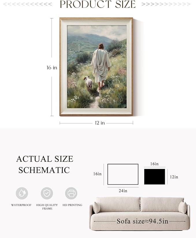 ARPEOTCY Framed Canvas Wall Art, 12x16 Inch Jesus and Lamb Christian Wall Decor, Religious Artwork of The Good Shepherd for Living Room, Bedroom, or Prayer Room