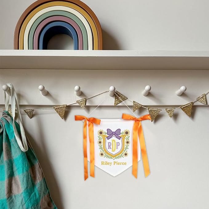 Embroidered Baby Name Sign with Bows Personalized Baby Announcement Sign Newborn Baby Banner Baby Hospital Name Sign Canvas Hanging Pennant Flag Custom Infant Baby Name Baby Shower Banner (14)