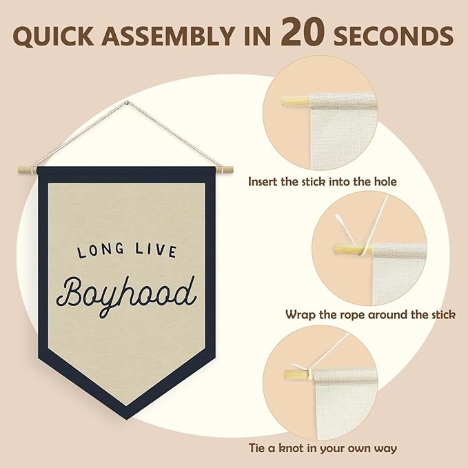 Boys Room Decor, Long Live Boyhood Linen Canvas Banner, Boy Nursery Wall Hanging Pennant Flag Banner for Boys Kids Toddler Room Bedroom Playroom Decor, 15x11in - Navy Blue