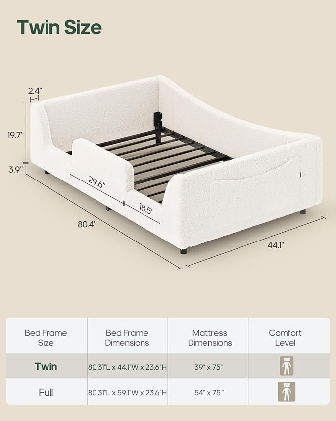 Twin Floor Bed, Low Montessori 2-in-1 Beds, with Slats and High Rails, Upholstered Teddy Boucle, Curve Round Frame for Girls and Boys, No Box Spring Needed, Easy Assemble, Beige (Twin)