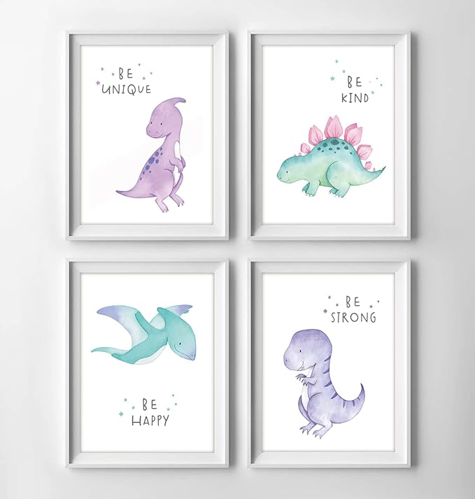 Gubrandin Watercolor Dinosaur Print Motivational Quote Wall Art Nursery Bedroom Decoration Funny Animals Poster for Boys or Girls Bedroom (8x10 inch，Set of 4，Unframed)
