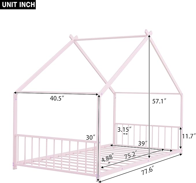 Twin Size House Shaped Montessori Platform Beds, Wood Floor Bed Frame with Roof and Fence Deisgn, Kids Double Toddler Bed for Children Boys Girls, Easy Assemble, No Box Spring Needed, Pink
