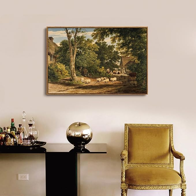 OIQArtOIQ Vintage Framed Wall Art Rural Farm Scene Canvas Art Prints Countryside Landscape Pictures Wall Decor Modern Rustic Farmhouse Paintings Artwork For Bedroom Bathroom Office Living Room