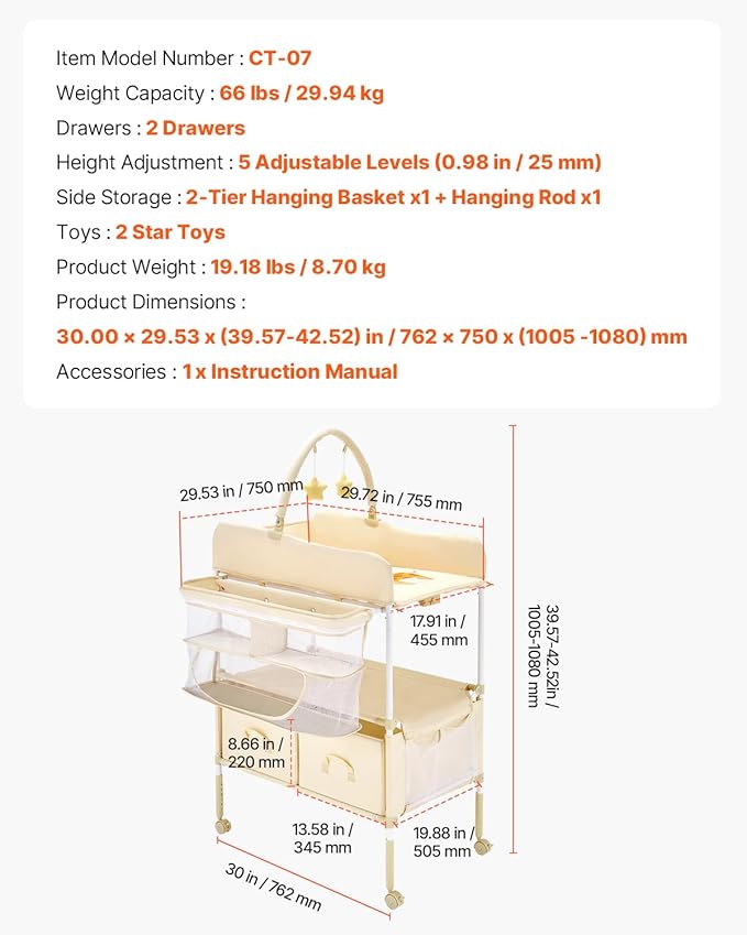 VEVOR Baby Changing Table, Adjustable Height Diaper Change Station with 2 Fabric Drawers, Side Basket and Hanging Rod, Foldable Changing Table with Lockable Wheels and 2 Star Toys, Light Beige
