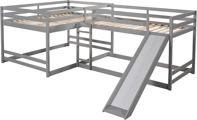 L-Shaped Full and Twin Size Bunk Bed with Slide and Short Ladde, Solid Wood 4 in 1 Design Quad Bunk Bed Frame with Safety Guardrail for Aldults Kids Teens (Gray-4)