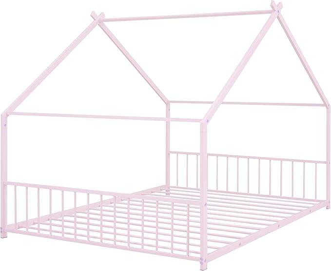 Full Size House Shaped Montessori Platform Beds, Wood Floor Bed Frame with Roof and Fence Deisgn, Kids Double Toddler Bed for Children Boys Girls, Easy Assemble, No Box Spring Needed, Pink