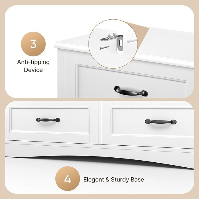 Gizoon 6 Drawer Dresser for Bedroom，47'' Larger Chest of Drawers with Mental Handle for Kids Room, White Dresser with 6 Storage Drawers for Living Room, Entryway and Hallway, White