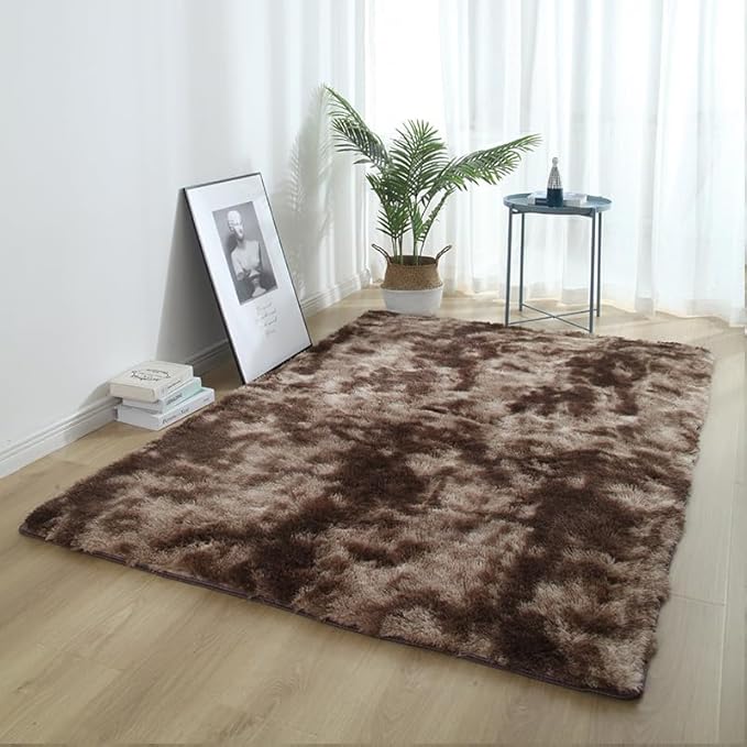 DweIke Fluffy Brown Rugs for Bedroom Living Room, 6x9 Large Soft Plush Shaggy Tie-Dyed Dark Coffee Girls Boys Kids Rug, Upgraded Non-Slip and Machine Washable Carpet for Dorm Nursery Classroom Decor
