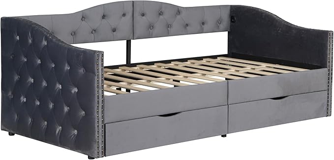 Bellemave Twin Upholstered daybed with 2 Drawers and USB Charging, Velvet Tufted Sofa Bed Twin Size, daybed with Trundle for Adults, Kids, Girls, Teens, for Living Room, Grey