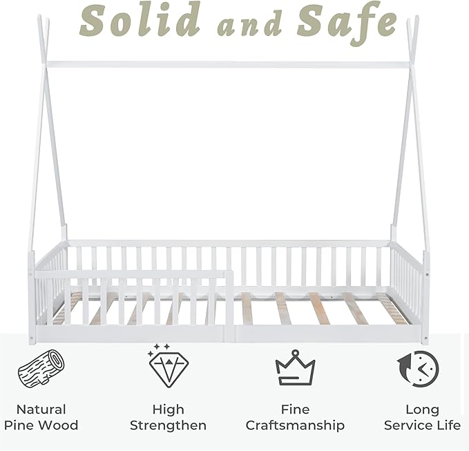Twin House Bed with Fence Rails, Wood Montessori Floor Bed with Slats Support, Twin Size Teepee Tent Beds Kids Bed Frames for Girls Boys,White