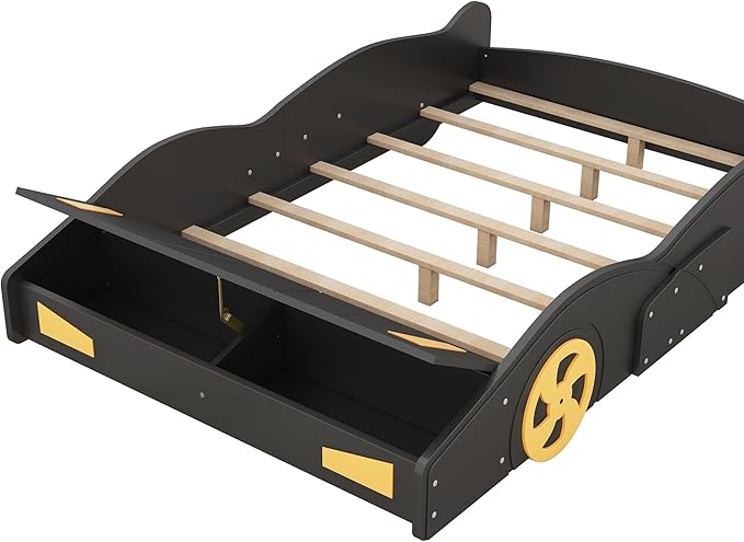 Full Size Race Car-Shaped Platform Bed with Wheels,Kids Full Bed Frame W/Storage Space & Guardrails,Race Car Bed for Boys Toddlers Child's Bedroom,Black+Yellow