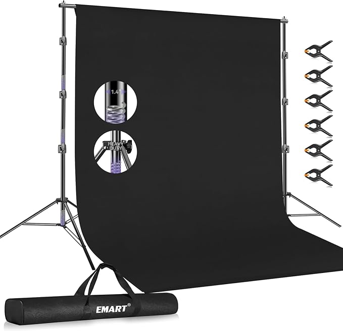 EMART 10x 10 ft Adjustable Photography Backdrop Stand Kit with 15x 10ft Black Curtain and Portable Large Format Screen with Polyester Material for Party, Live Game, Interviews, YouTube, TIK Tok
