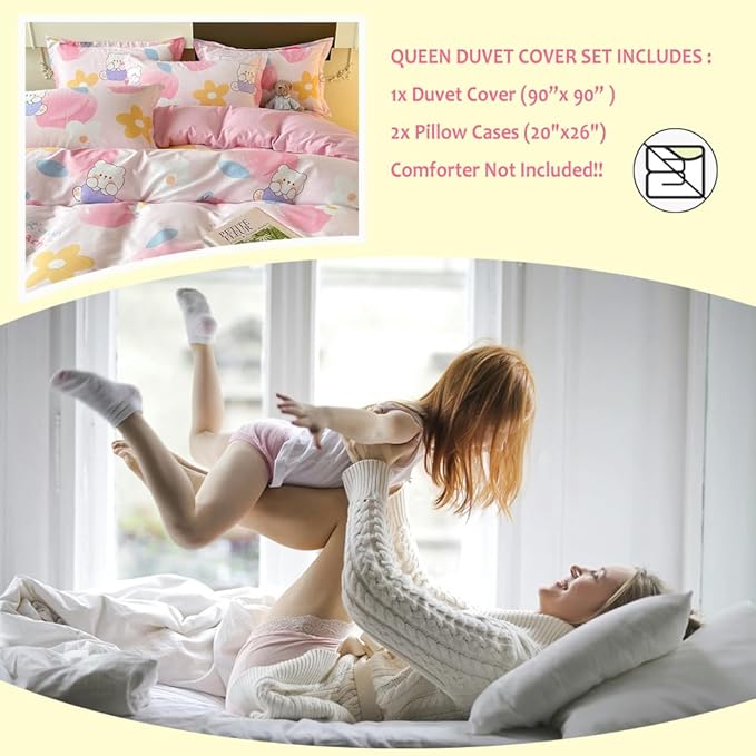 100% Cotton Kids Duvet Cover,Pink Peach Duvet Cover Set,Kawaii Bedding Set Queen Size,Cute Comforter Cover for Girls Boys(Peach,Queen)