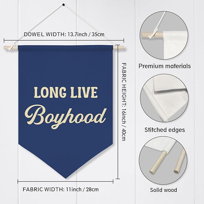 Long Live Boyhood Wall Banner – Vintage Navy Canvas Wall Hanging Poster for Boys Bedroom, Nursery, or Playroom Decor – Inspirational Quote Wall Art for Kids Room 11x16inch(KD30)