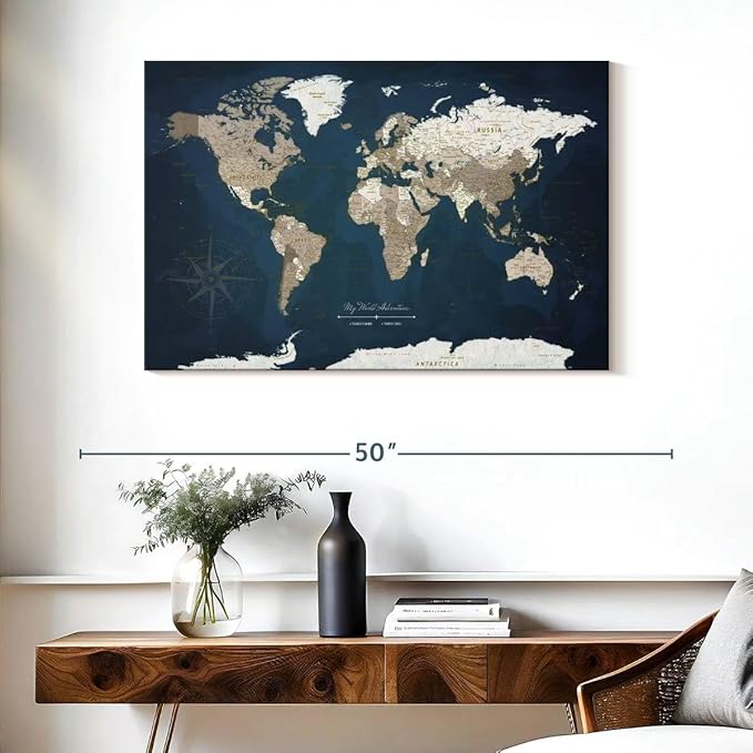 ElephantStock - My World Adventures Push Pin Travel Map I Wall Art - Horizontal Canvas Wall Art - Living Room Wall Decor - Printmaking Map Canvas Art - Blue And Beige Decor - 39" x 26"