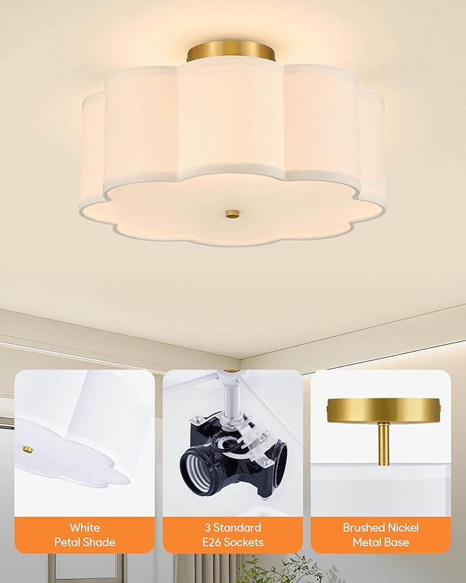 VONLUCE Semi-Flush Mount Ceiling Light, 15.7" Modern 3-Light Ceiling Light Fixture with White Petal-Shaped Shade 3 E26 Sockets for Bedroom Entryway Living Room, Gold Finish, ETL Certificated
