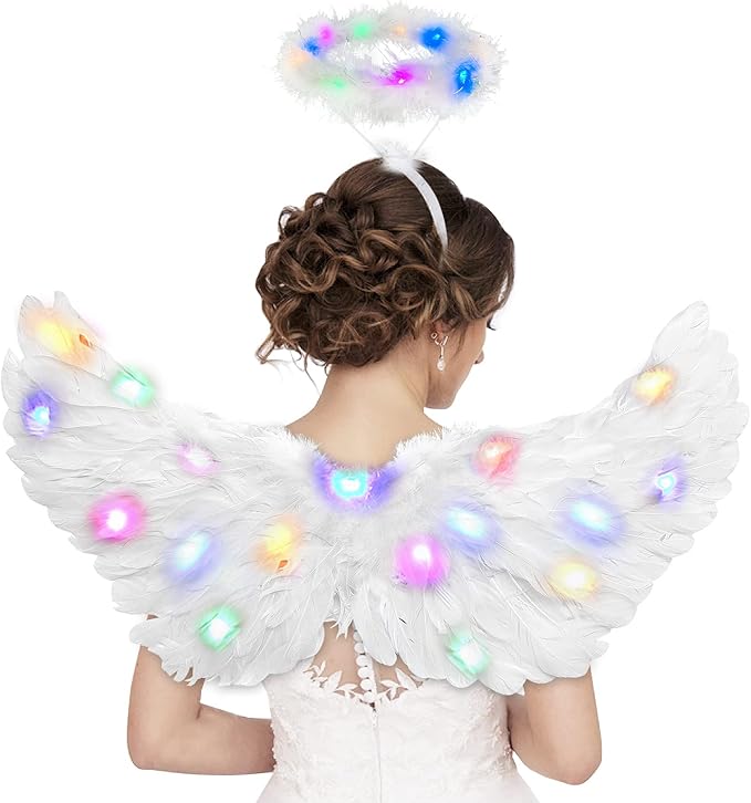 Angel Wings, Light Up Angel Wings and Halo with LED Lights, White Angel Wings Costume for Adult Women Kids Halloween Xmas
