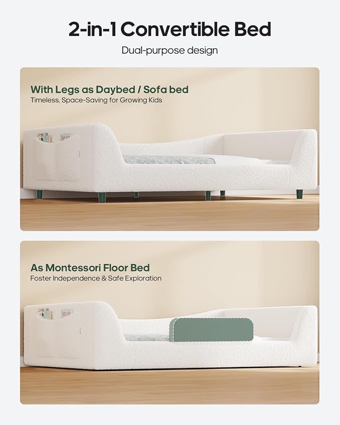 Twin Floor Bed, Low Montessori 2-in-1 Beds, with Slats and High Rails, Upholstered Teddy Boucle, Curve Round Frame for Girls and Boys, No Box Spring Needed, Easy Assemble, Beige (Twin)