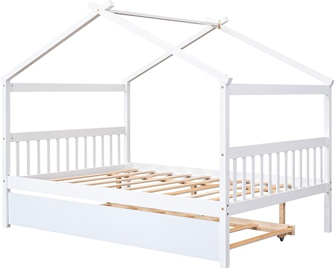 Merax Full Size Wooden House Bed with Trundle, Wood Bed Frame with Roof for Kids, Teens, Boys or Girls, White