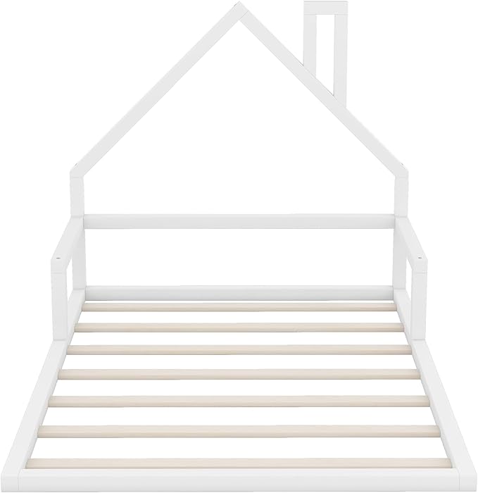 Harper & Bright Designs Full Size Floor House Bed, Montessori Floor Bed for Kids, Solid Wood Low Bed Frame for Bedroom, Playroom, Wooden Slats Support, White