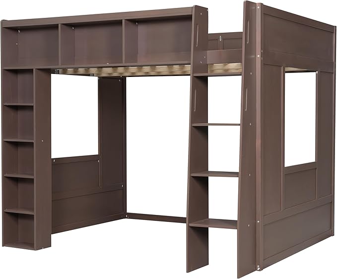 Playhouse Design Queen Size Loft Bed with Built-in Storage Shelves and 2 Windows, Solid Wood Loft Bed Frame with Safety Guardrail for Kids Teens Boys Girls, Space-Saving (Brown-12.9)