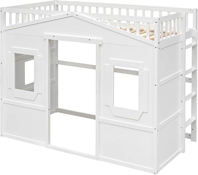 Twin Size Loft Bed with Safety Guardrail for Kids Boys Girls, Playhouse Design Solid Wood Loft Bed Frame with Ladder and Windows, Strong Wood Slats Support, Space-Saving (White)