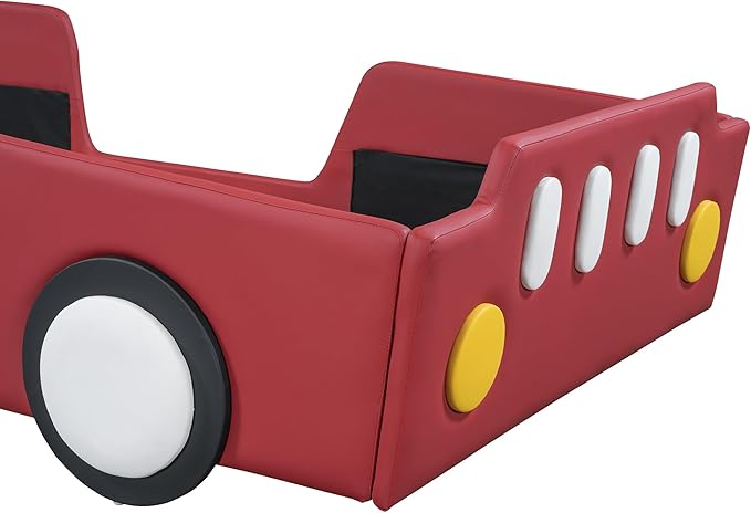 Twin Size Race Car-Shaped Platform Bed with Wheels, Unique Design Floor Bed with PU Leather Headboard and Safety Guardrails, Wood Slat Support for Kids,Boys,Girls (Red-100A)