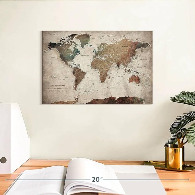 ElephantStock - Our Adventures World Map With Push Pin Iii Wall Art - Horizontal Canvas Wall Art - Living Room Wall Decor - Printmaking Map Canvas Art - Beige And Brown Decor - 12" x 8"