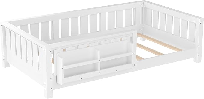 Bellemave Twin Size Floor Bed with high Rails and with Built-in Bookshelf for Kids, Girls, Boys, Wood Montessori Floor Bed Without Door, White