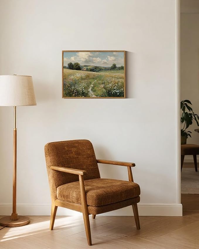 ARPEOTCY Vintage Framed Canvas Wall Art, 12x16inch, Farmhouse Wildflower Field Wall Decor, Countryside Art Prints Home Decorations, Landscape Paintings for Living Room Bedroom Shelf Decor