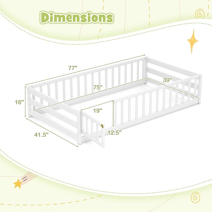 KOMFOTT Twin Size Wood Floor Bed with Door & Fence, Montessori Bed Frame with Full Length Safety Guardrails, Door & Latch, Wooden Montessori Floor Bed for Kids, Girls, Boys (White, Twin)