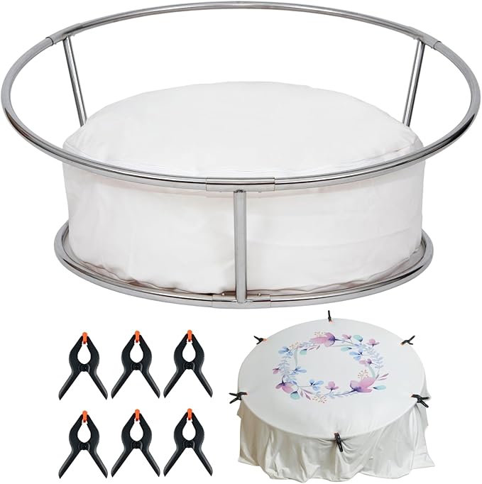 Newborn Posing Table and Beanbag(Unfilled) Stainless Steel Newborn Photography Stand with 6 Clamps Baby Photoshoot Stand Backdrop Frame Infant Round Background Station for Newborn Photo Sessions