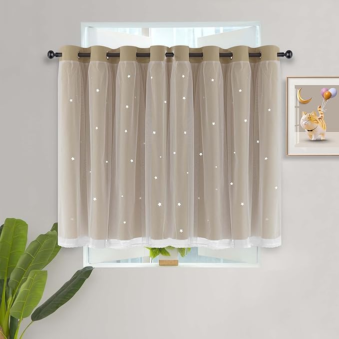 Kinryb Star Cut-Out Blackout Curtains Short Kids Curtains for Small Window Double Layer Blackout Curtains for Girls Boys Bedroom Thermal Insulated Drape for Kitchen 52" W x 36" L Beige 2 Panels