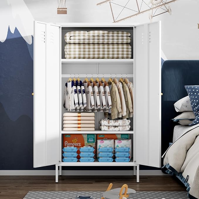 2 Door Metal Wardrobe,Storage Cabinet with Hanging Rod and 2 Freely Adjustable Shelves，Kids Tall Metal Armoire Closet for Kids Bedroom, Laundry Room,Home Bedroom(Steel Wardrobe, White)