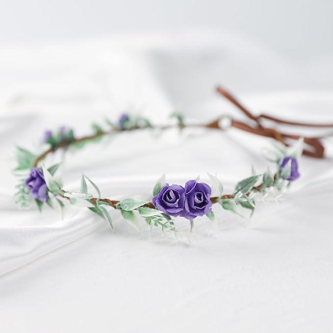 Fairy Flower Crown Weeding Headpieces - Handmade Crafts Bohemian Bridal Garland Weeding Crowns for Women Girls Kids Diy Party Vacation Renaissance Photography Props Purple Rose