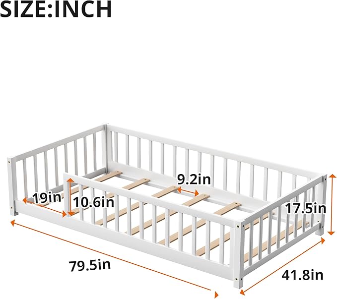 LLS Twin Floor Bed for Kids Solid Wood Montessori Bed Frame with Safety Guardrails Multifunctional Montessori Floor Bed for Toddlers, Without Door, Easy Assemble, White