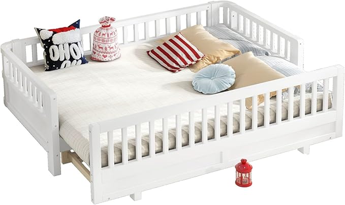 KEIKI Solid Wood Expandable Twin XL Size Floor Bed for Kids with Guardrails, Can Be Converted into a Queen Bed Platform, Montessori Low Profile Bedframe Daybed for Girls Boys, No Box Spring Needed
