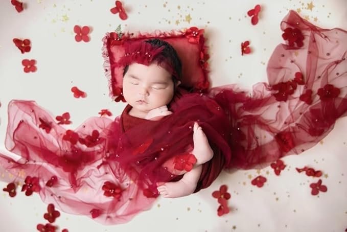 Newborn Baby Photography Props Blanket, Baby Photo Props Pearl Wrap Blanket Headband for Baby Boys Girls Photoshoot (Wine red)