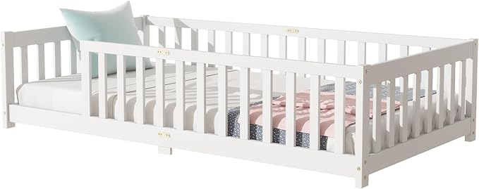 Twin Size Floor Bed for Kids, Wood Montessori Floor Beds with Fence Railings and Slats Support, Twin Playhouse Bed Frame for Boys Girls, No Box Spring Needed, White