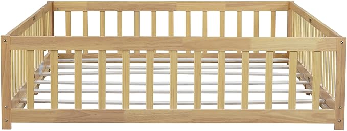 Queen Size Floor Bed with Fence and Door,Rubber Wood Floor Bed w/Safety Guardrails/Near The Ground,Easy to Assemble & No Box Spring Needed, Natural