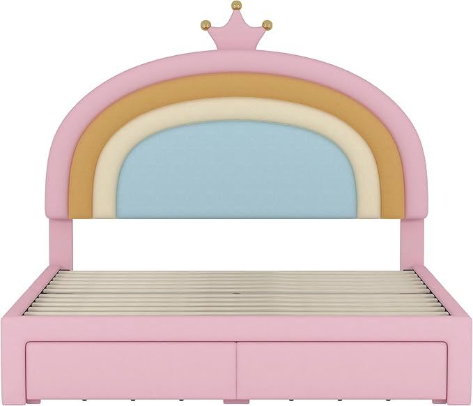 LUMISOL Cute Bed Frame for Kids, Rainbow Design Upholstered Platform Bed, Full Size Velvet Princess Bed with Drawer, Full Size Pink Girls Bed