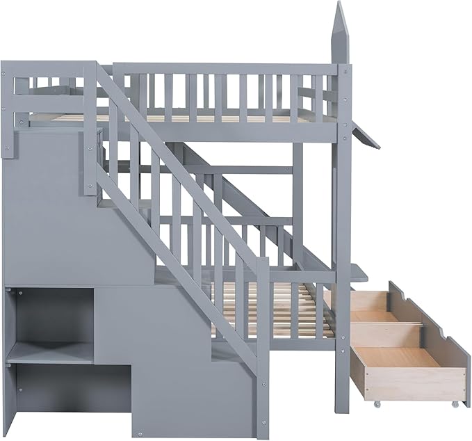 MERITLINE Full Over Full Castle Bunk Bed with Slide,Stairs and Drawers,Solid Wood Floor House Princess Bunk Bed with Storage Shelves (Grey,Full Over Full)