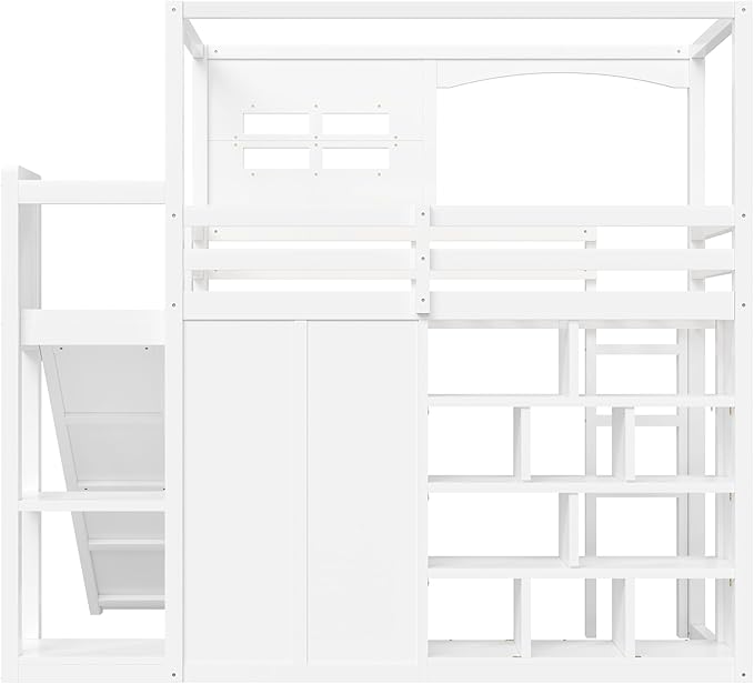 Playhouse Style Loft Bed Twin Size with Slide and Ladder, Solid Wood Loft Bed Frame with Wardrobe and Storage Shelves for Kids Teens, Maximize Space